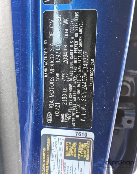 2021 Kia Forte Fe z USA, uszkodzony, nr VIN 3KPF24AD7ME347707